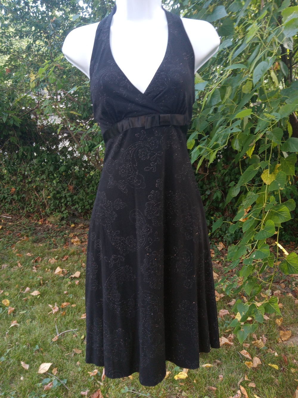 B. Darlin Black Halter A-Line Dress with Bow Waist Sparkly Floral Detail